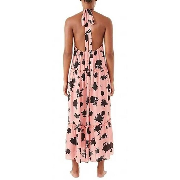 Kate Spade halter cover up maxi dress open back pink/black floral ruffles Small - Picture 2 of 7